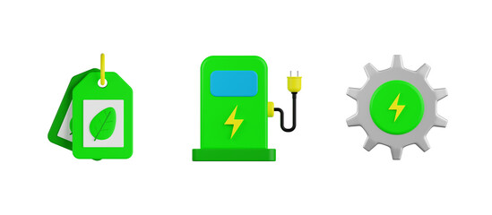 Eco Price Tag, Energy Station, Power Setting, 3d render icon illustration, ecology 3d set, transparent background