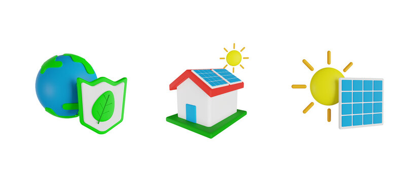 Save Earth, Solar House, Solar Panel Energy, 3d render icon illustration, ecology 3d set, transparent background