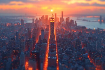 Sunset Skyline A Glowing Cityscape with a Tall Skyscraper Generative AI