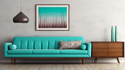 Modern living room with turquoise sofa, wooden wall and cabinets, and blank poster frame in mid-century vintage style