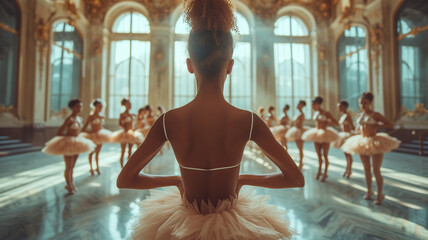 Ballet class. Beautiful teenage ballerina practising with her colleagues in big ballet studio