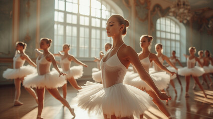 Ballet class. Beautiful teenage ballerina practising with her colleagues in big ballet studio - obrazy, fototapety, plakaty