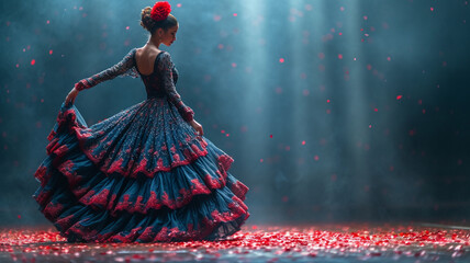 Flamenco dancer on stage. Stage lights, long dress, beautiful woman - obrazy, fototapety, plakaty