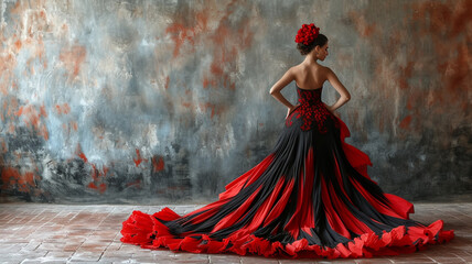Flamenco dancer. Wonan posing in flamenco dress in front of shabby wall