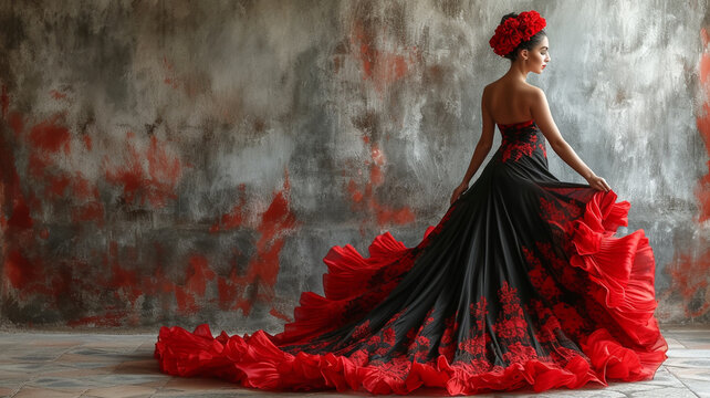 Flamenco dancer. Wonan posing in flamenco dress in front of shabby wall