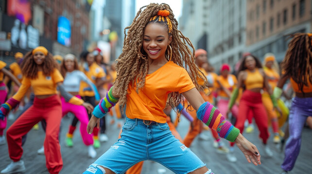 Dancing in the streets of New York. Cheerful woman dancing modern dance with group of colleagues