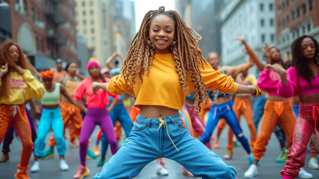 Dancing in the streets of New York. Cheerful woman dancing modern dance with group of colleagues
