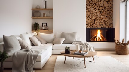 Cozy and elegant living room with white corner sofa and fireplace in Scandinavian style