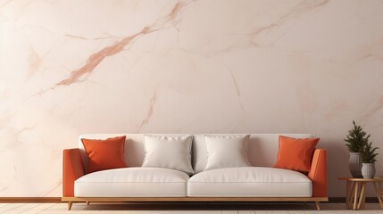 Minimalist and cozy living room with white sofa and terra cotta wall