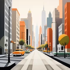 Wall murals Cartoon cars Street in a modern city - houses and cars. Minimalist style, cartoon