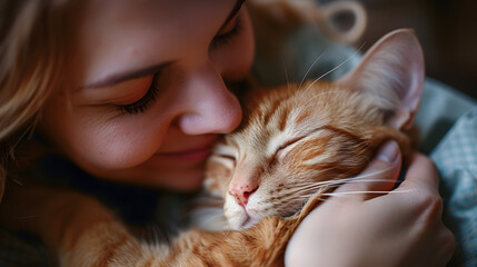 Close-up of a tender moment between a woman and her ginger cat, showcasing the bond between human and pet. generative ai