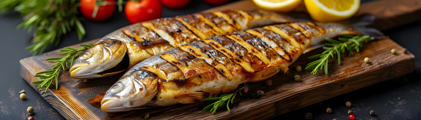 Grilled whole fish displayed with fresh rosemary, lemon halves, and cherry tomatoes on a rustic wooden board. ai generative