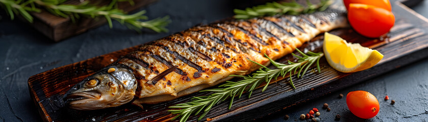 A whole fish with charred grill marks, seasoned with rosemary, served with lemon wedges and tomatoes on a wooden board. Generative ai