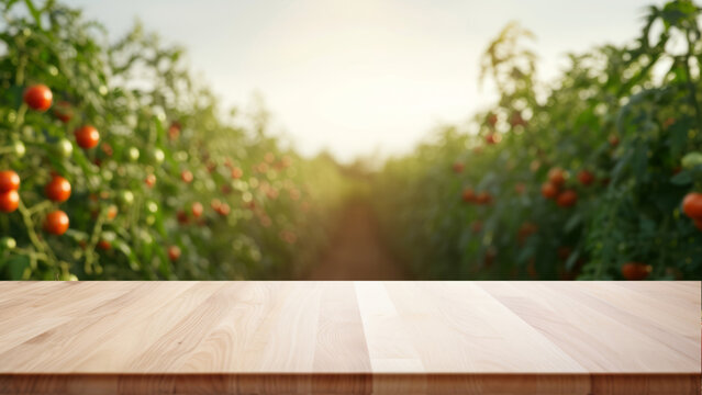 an empty table against the background of a field with red tomatoes. display your product outdoors. vegetable mock up.
