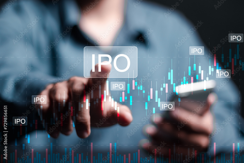Poster ipo, initial public offering concept. businessman use smartphone with virtual ipo word with stock gr