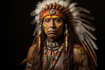 male native American, vibrant portrait, swirling color. a young man, a warrior in an ethnic costume with feathers. indian. dark background.