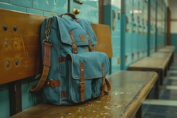 School bag in a room of school. photo for advertising. Generative AI