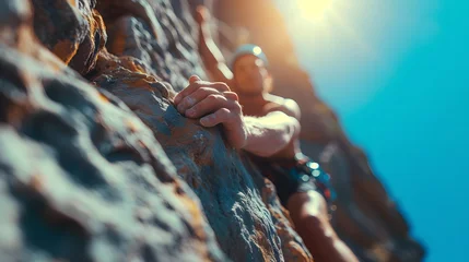 Tragetasche Rock Climber. Extreme close-up of a rock climber's hand gripping a rough cliff surface, with a sunlit mountain landscape in the background. Generative ai © somchairakin