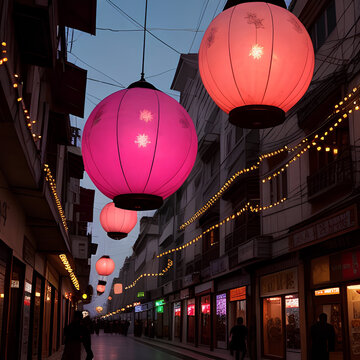 A street at night with large pink lanterns hanging above. The street is empty, and the lanterns are strung above the alleyway.
