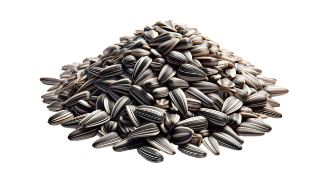 A pile of sunflower seeds. A bunch of closed sunflower seeds