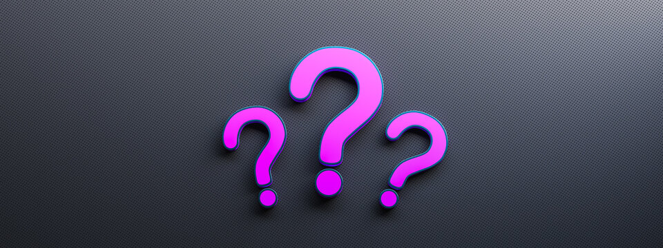 Purple question mark on black background with empty copy space, FAQ Concept. 3D Rendering