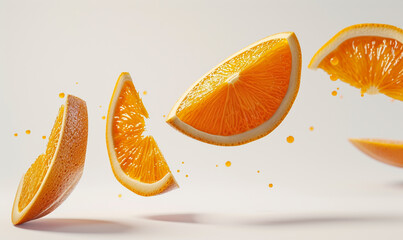 slice of oranges float in the air in white background.