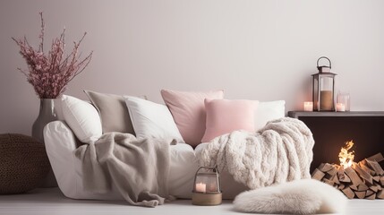 Cozy and stylish living room with white sofa, pink cushions, fur and woolen blankets, and fireplace. Scandinavian hygge concept of comfort and happiness.