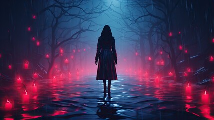 a girl walking on a dark path in a forest lit by red candles - obrazy, fototapety, plakaty