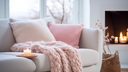 Fototapeta na wymiar Cozy and stylish living room with white sofa, pink cushions, fur and woolen blankets, and fireplace. Scandinavian hygge concept of comfort and happiness.