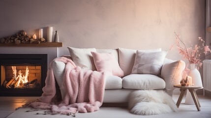 Fototapeta na wymiar Cozy and stylish living room with white sofa, pink cushions, fur and woolen blankets, and fireplace. Scandinavian hygge concept of comfort and happiness.