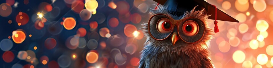 funny owl in the graduation cap and glasses on the Color background - obrazy, fototapety, plakaty