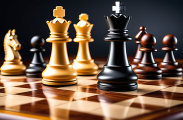 The golden and black king standing in the foreground on the chessboard: a conceptual challenge or battle of a business team, a leadership strategy or a team player. Made with the help of artificial in