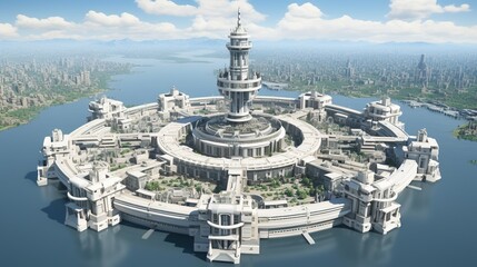 a huge, futuristic city with an artificial island or city - obrazy, fototapety, plakaty