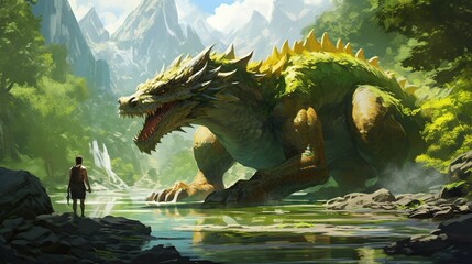 a huge green dragon sits in a canyon - obrazy, fototapety, plakaty