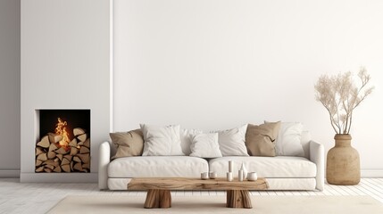 Cozy and minimalist living room with wood slab coffee table, beige sofa, and fireplace