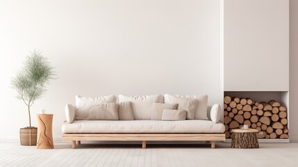 Cozy and minimalist living room with wood slab coffee table, beige sofa, and fireplace - obrazy, fototapety, plakaty