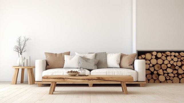 Cozy and minimalist living room with wood slab coffee table, beige sofa, and fireplace