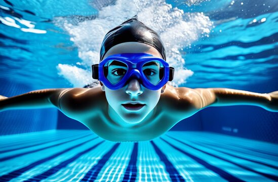 person snorkeling underwater. Boy 12 years old swimmer in a blue pool cap, blue pool goggles, swims deep underwater in a sports pool, underwater bubbles, sun. Paris international sport event