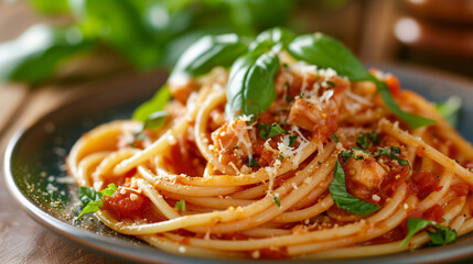 A plate of pasta with cheese, tomato sauce and basil