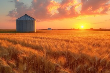 Golden Harvest A Sunset Silhouette of a Grain Silo Generative AI