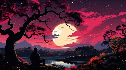 A man is sitting under a tree by the lake against the background of a full moon