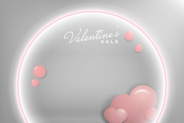 Pink Pastel Valentine's Sale Abstract Background. Glowing white ring with 3d pink hearts and bubbles. Vector Illustration. 