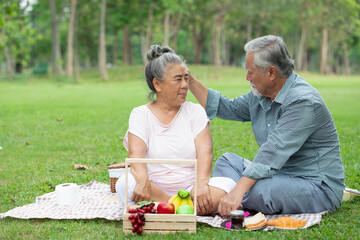 senior couple have a picnic and looking each other in the park