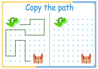Activities with cute animals for children. Copy the path. Logic games for children. Vector illustration. The book is square format. dragon and castle