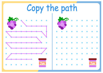 Activities with cute animals for children. Copy the path. Logic games for children. Vector illustration. The book is square format. grapes and jam