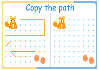 Activities with cute animals for children. Copy the path. Logic games for children. Vector illustration. The book is square format. fox and egg