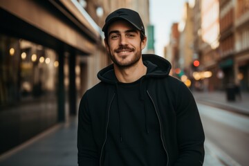 Portrait of a smiling young man in a black cap and a black sweatshirt on a city street.
