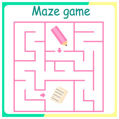 Children's logic game on passing the labyrinth. Educational game for children. Attention task. Choose the right path. Funny cartoon character. pencil and letter