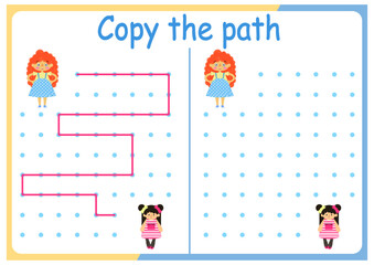 Activities with cute animals for children. Copy the path. Logic games for children. Vector illustration. The book is square format. girl and doll