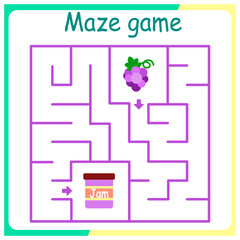 Children's logic game on passing the labyrinth. Educational game for children. Attention task. Choose the right path. Funny cartoon character. grapes and jam